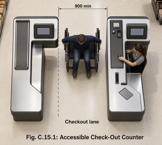 Accessible check-out counter 900mm wide lane