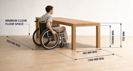 Accessible table plan 700mm 480mm knee depth