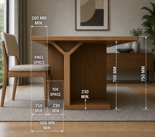 Table knee and toe space dimensions