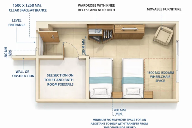 Accessible hotel room wardrobe knee recess bed transfer space