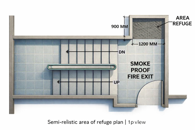 Area of refuge plan 900 by 1200mm smoke proof fire exit