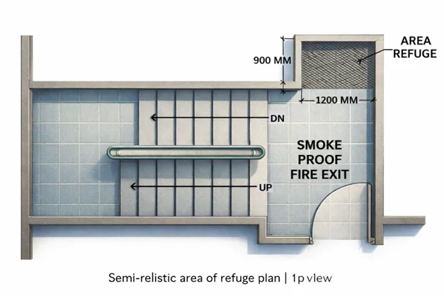 Area of refuge plan 900 by 1200mm smoke proof fire exit