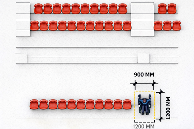 Wheelchair spaces in stadium seating rows
