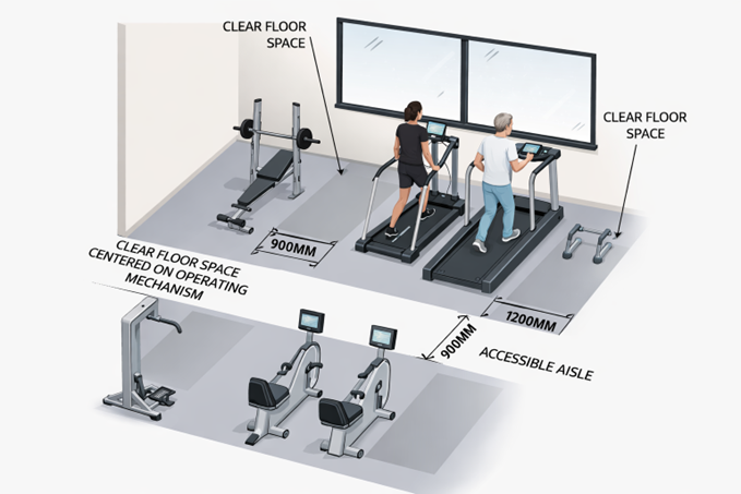 Accessible gym equipment 900mm floor space 1200mm aisle