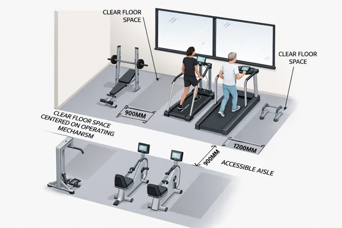 Accessible gym equipment 900mm floor space 1200mm aisle
