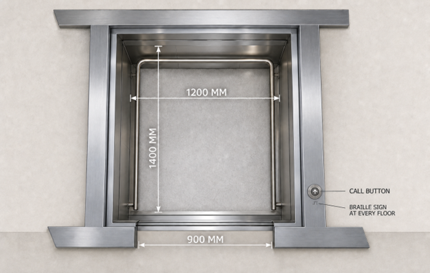 Elevator car 1200mm by 1400mm with call button and Braille
