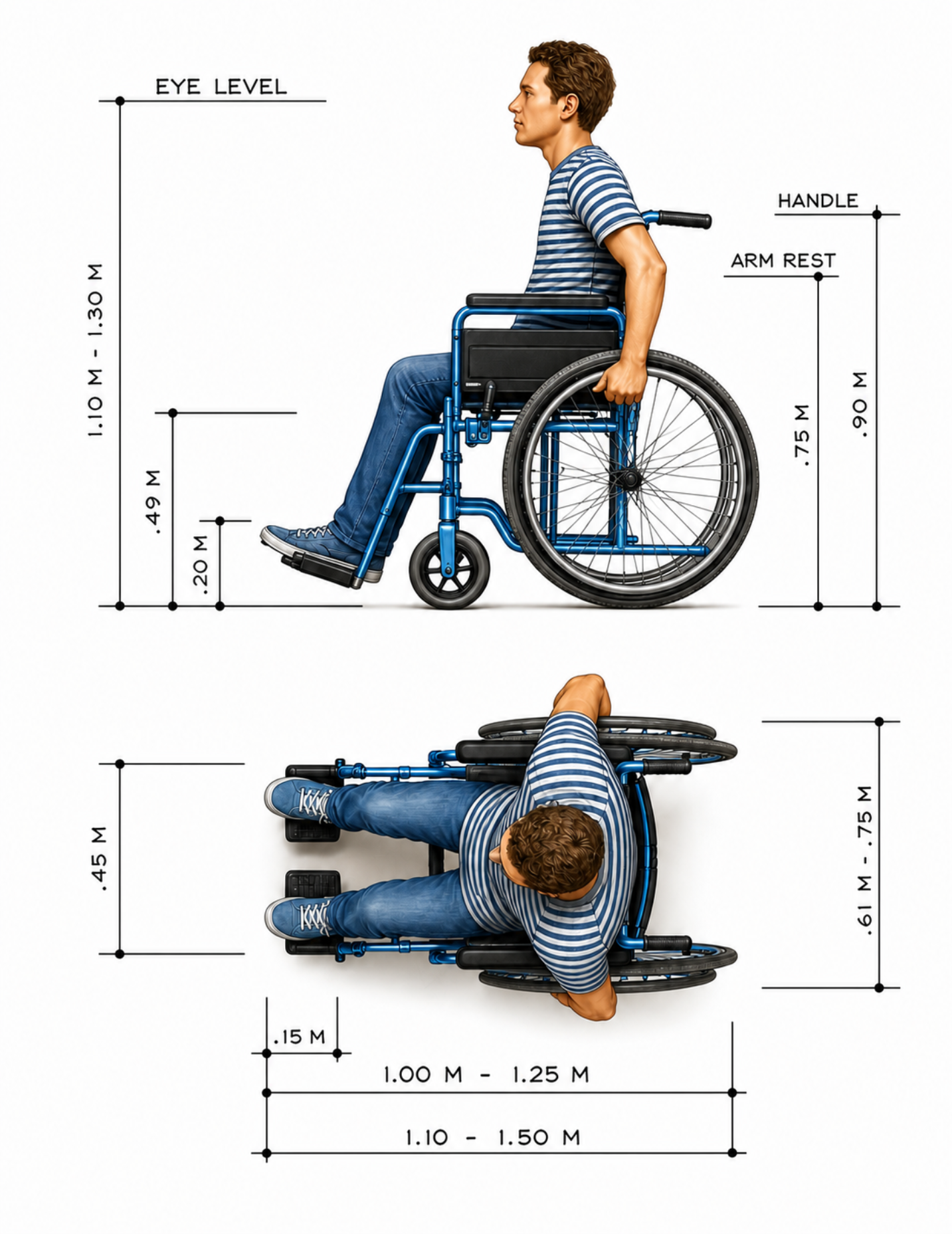 Wheelchair user side and top view dimensions