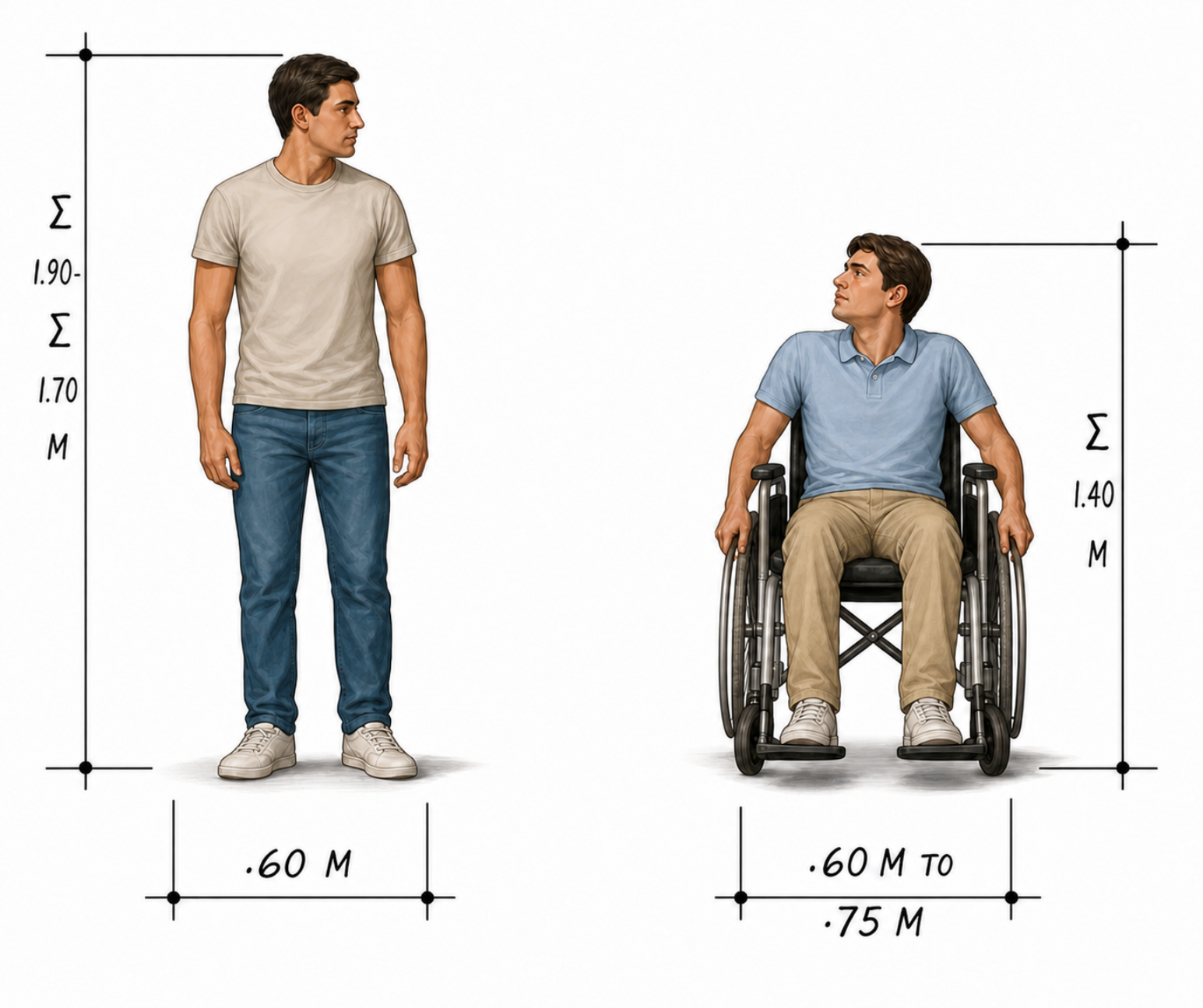 Standing person vs wheelchair user height comparison